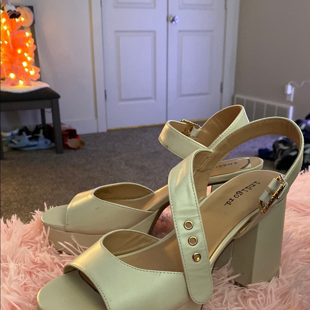 Tan platform open toe heels